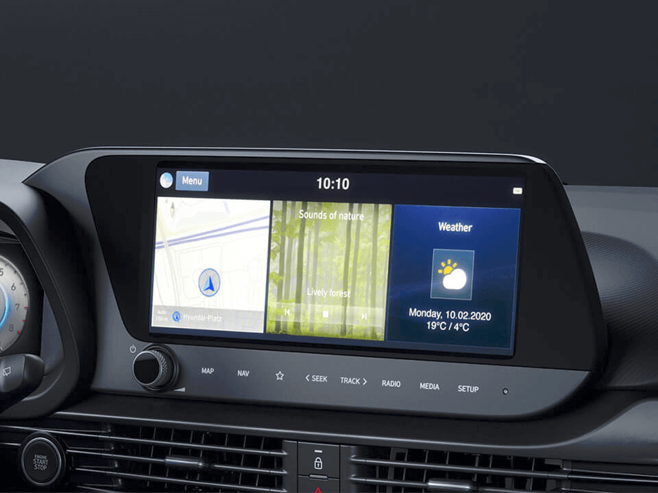An image of the all-new  Hyundai i20's 10.25 inch centre touch screen.